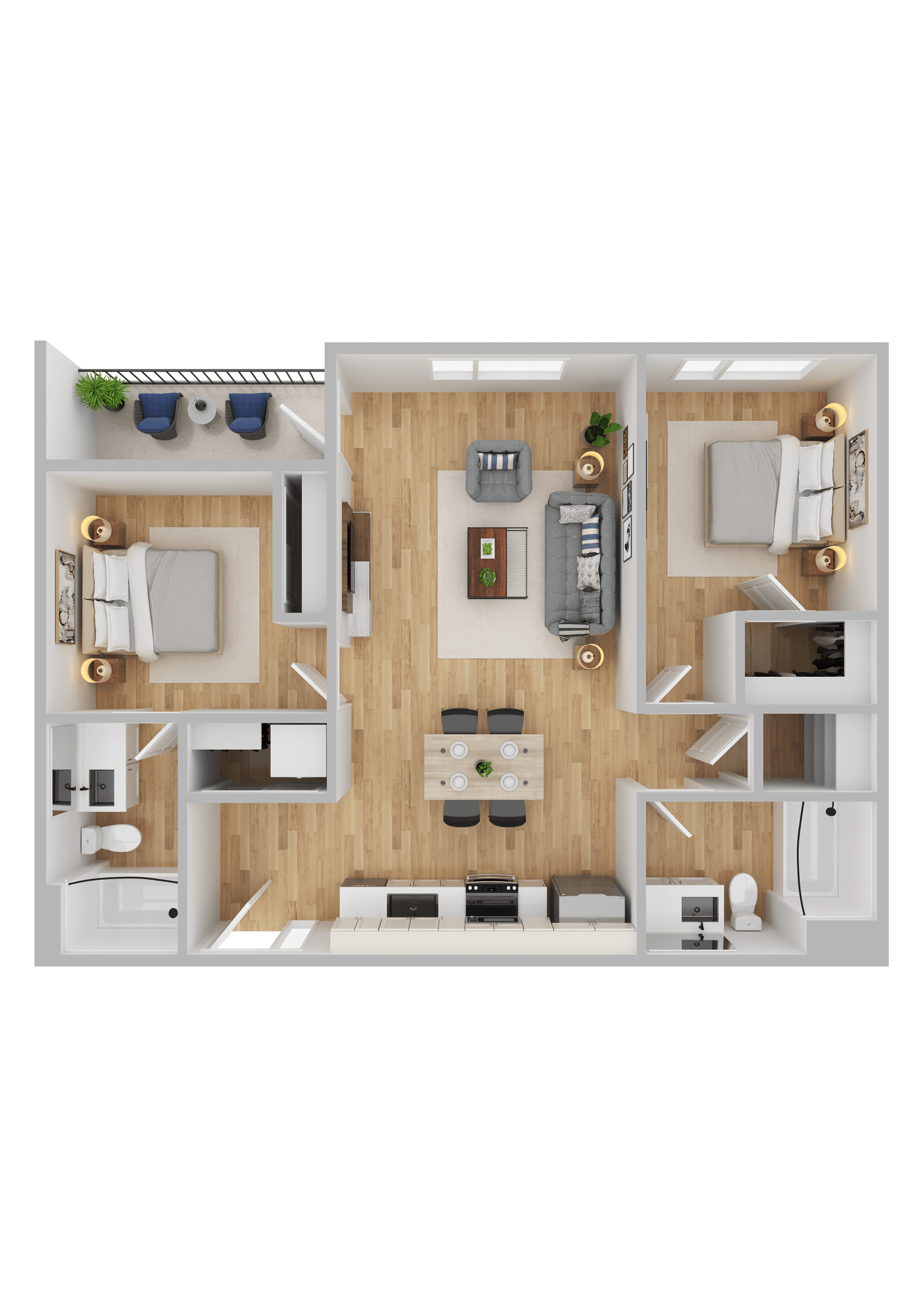 Floor plan for 2 beds, 2 baths, 892 sqft